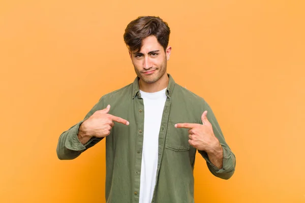 Young Handsome Man Looking Proud Positive Casual Pointing Chest Both — Stock Photo, Image