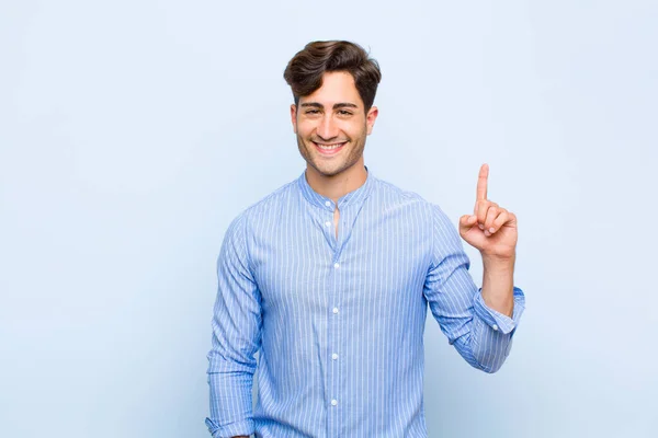 Young Handsome Man Smiling Cheerfully Happily Pointing Upwards One Hand — Stock Photo, Image
