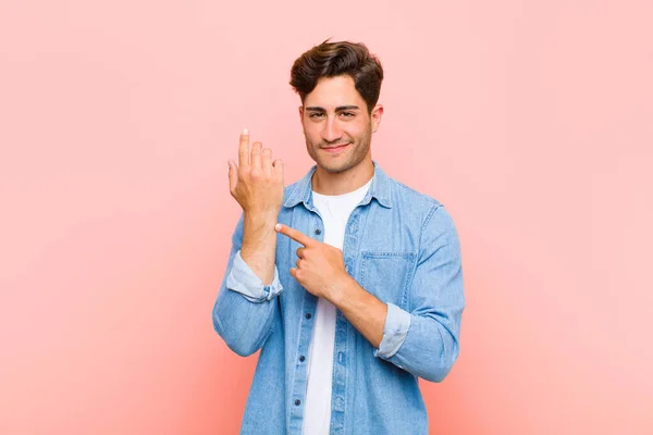 Young Handsome Man Looking Impatient Angry Pointing Watch Asking Punctuality — Stockfoto