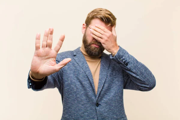 Young Blonde Businessman Covering Face Hand Putting Other Hand Front — Stock Photo, Image