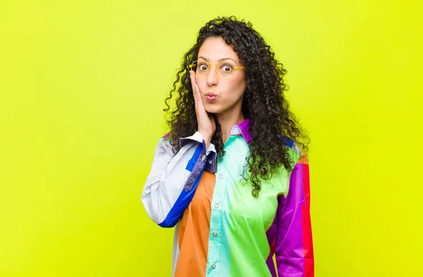 Young Pretty Woman Feeling Shocked Astonished Holding Face Hand Disbelief — Stock Photo, Image