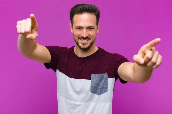 Young Handsome Man Feeling Happy Confident Pointing Camera Both Hands — Stock Photo, Image