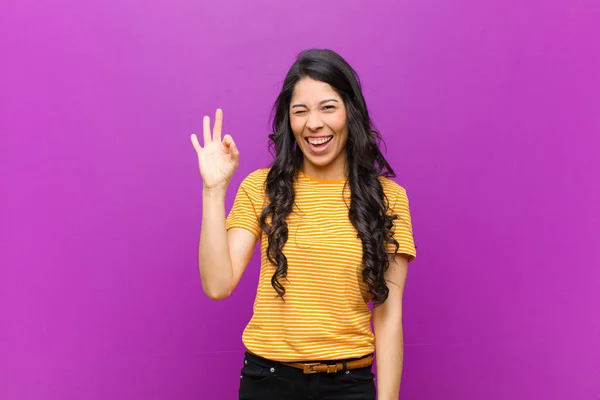 Young Pretty Latin Woman Feeling Successful Satisfied Smiling Mouth Wide — Stock Photo, Image