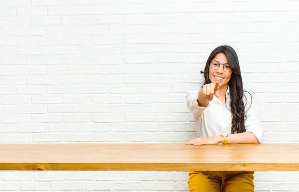 Young Pretty Latin Woman Pointing Camera Satisfied Confident Friendly Smile — Stock Photo, Image