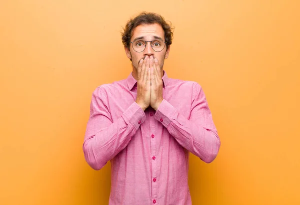 Young Handsome Man Feeling Worried Upset Scared Covering Mouth Hands — Stock Photo, Image