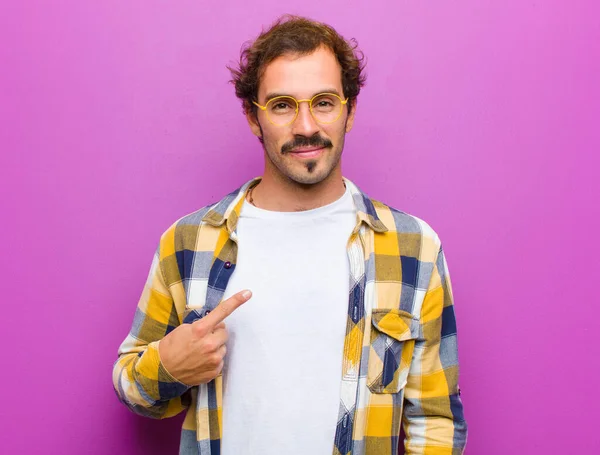 Young Handsome Man Looking Proud Confident Happy Smiling Pointing Self — ストック写真