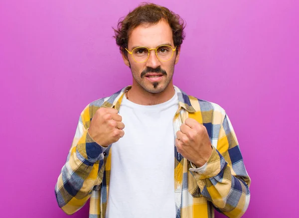 Young Handsome Man Looking Confident Angry Strong Aggressive Fists Ready — Stock Photo, Image