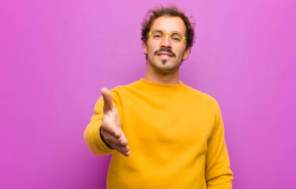 Young Handsome Man Smiling Looking Happy Confident Friendly Offering Handshake — Stock Photo, Image