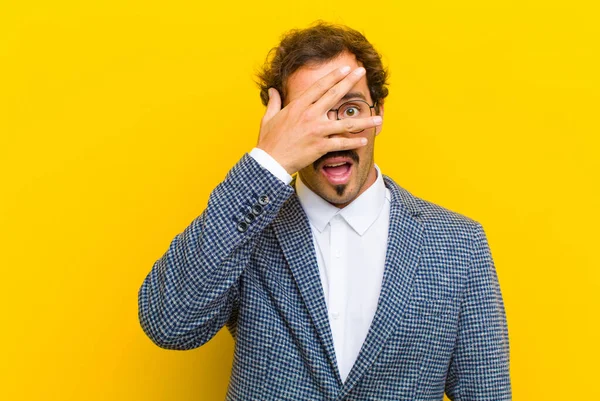 Young Handsome Man Looking Shocked Scared Terrified Covering Face Hand — ストック写真