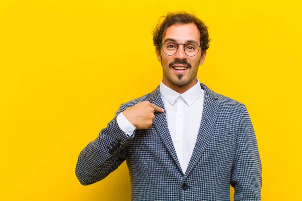 Young Handsome Man Looking Happy Proud Surprised Cheerfully Pointing Self — ストック写真