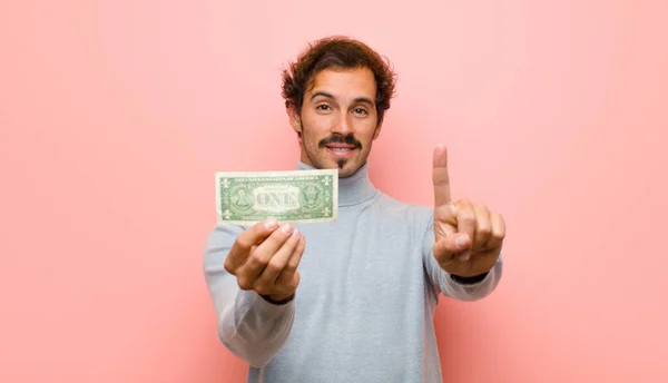 Young Handsome Man Dollar Banknotes Pink Flat Wall — Stockfoto