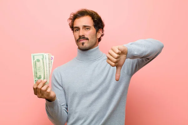 Young Handsome Man Dollar Banknotes Pink Flat Wall — Stockfoto