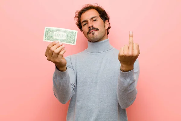 Joven Hombre Guapo Con Billetes Dólar Contra Pared Plana Rosa — Foto de Stock