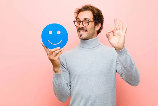 Young Handsome Man Smiling Face Pink Flat Wall — Stockfoto