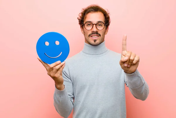 Young Handsome Man Smiling Face Pink Flat Wall — Stockfoto