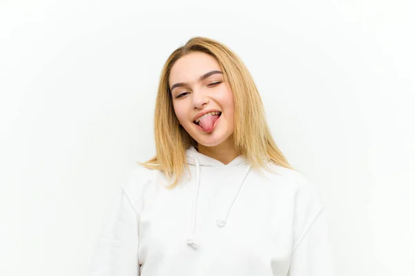 Young Blonde Woman Cheerful Carefree Rebellious Attitude Joking Sticking Tongue — Stock Photo, Image