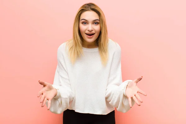 Young Pretty Blonde Woman Feeling Happy Astonished Lucky Surprised Saying — Stock Photo, Image