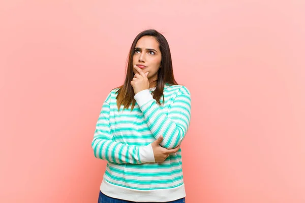 Young Pretty Hispanic Woman Thinking Feeling Doubtful Confused Different Options — Stockfoto