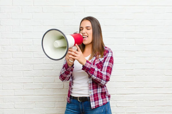 Young Pretty Woman Megaphone Brick Wall Texture — Stock Photo, Image