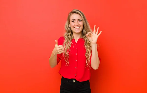 Young Blonde Woman Feeling Happy Amazed Satisfied Surprised Showing Okay — Stockfoto