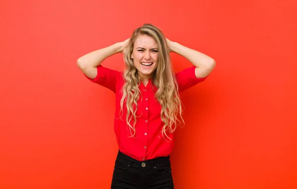 Young Blonde Woman Feeling Stressed Worried Anxious Scared Hands Head — Stockfoto