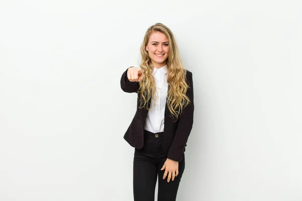 Young Blonde Woman Pointing Camera Satisfied Confident Friendly Smile Choosing — Stock Photo, Image