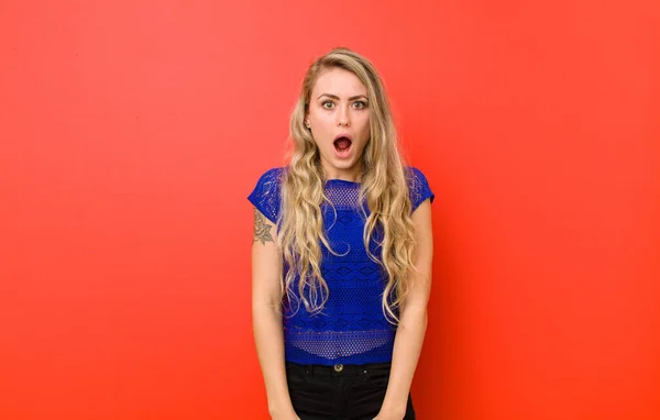 Young Blonde Woman Feeling Terrified Shocked Mouth Wide Open Surprise — Stock Photo, Image