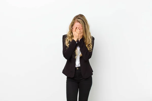 Young Blonde Woman Feeling Sad Frustrated Nervous Depressed Covering Face — Stock Photo, Image