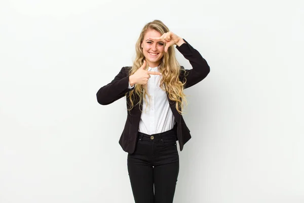 Young Blonde Woman Feeling Happy Friendly Positive Smiling Making Portrait — Stock Photo, Image