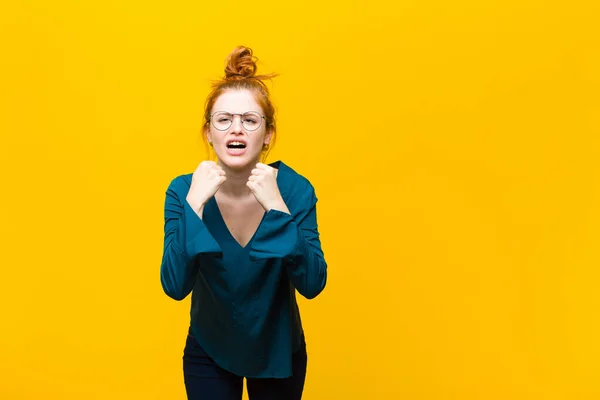 Young Red Head Woman Shouting Aggressively Annoyed Frustrated Angry Look — Stockfoto