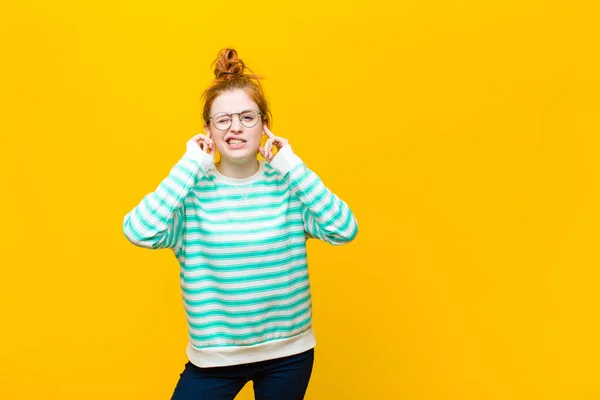 Young Red Head Woman Looking Angry Stressed Annoyed Covering Both — Stockfoto