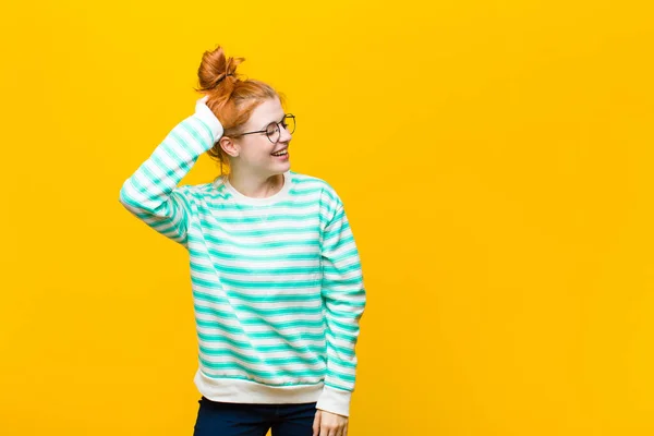 Young Red Head Woman Smiling Cheerfully Casually Taking Hand Head — Stock Photo, Image