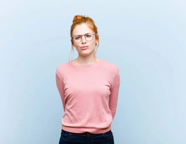 Young Red Head Pretty Woman Feeling Confused Doubtful Wondering Trying — Stockfoto