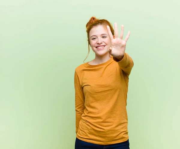 Young Pretty Red Head Woman Smiling Looking Friendly Showing Number — Stockfoto