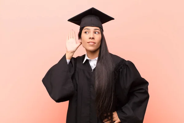 Young Latin Woman Student Smiling Looking Curiously Side Trying Listen — Stock Photo, Image