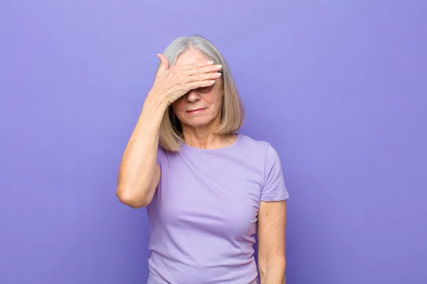 Senior Middle Age Pretty Woman Covering Eyes One Hand Feeling — Stock Photo, Image