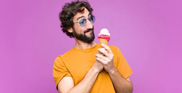 Young Crazy Cool Man Having Ice Cream Purple Wall — 스톡 사진