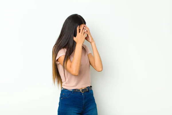 Young Pretty Latin Woman Covering Eyes Hands Sad Frustrated Look — Stock Photo, Image