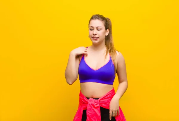 Young Blonde Woman Feeling Stressed Anxious Tired Frustrated Pulling Shirt — Stock Photo, Image