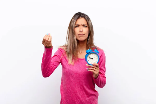 Young Pretty Woman Making Capice Money Gesture Telling You Pay — Stock Photo, Image