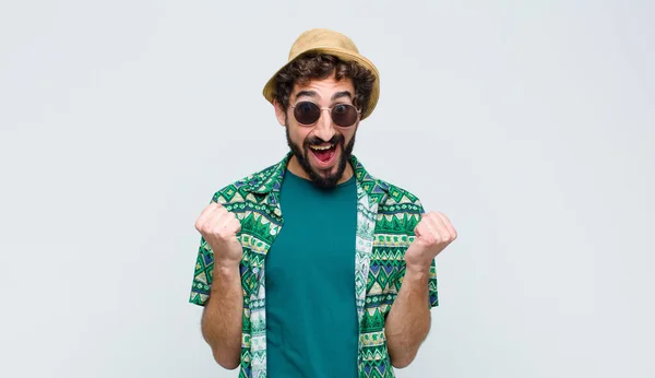 Young Tourist Man Feeling Shocked Excited Happy Laughing Celebrating Success — Stock Photo, Image