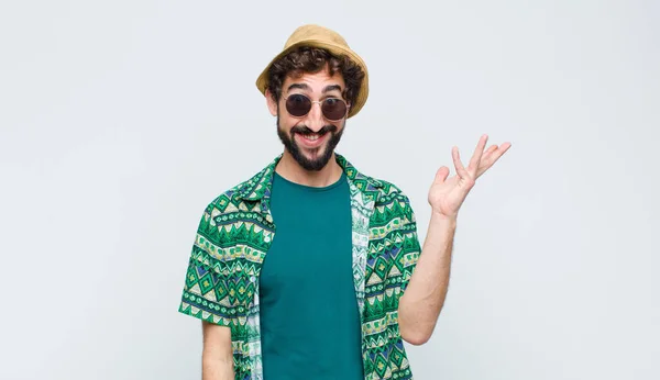 Young Tourist Man Feeling Happy Surprised Cheerful Smiling Positive Attitude — Stock Photo, Image