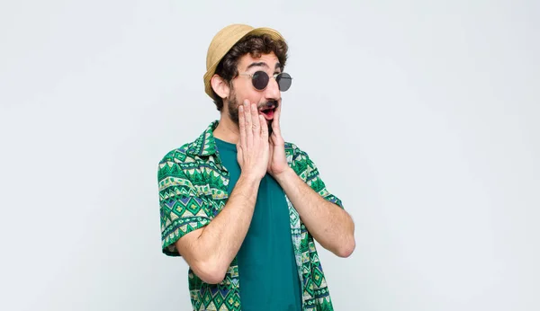 Young Tourist Man Feeling Happy Excited Surprised Looking Side Both — Stock Photo, Image