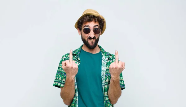 Young Tourist Man Feeling Provocative Aggressive Obscene Flipping Middle Finger — Stock Photo, Image
