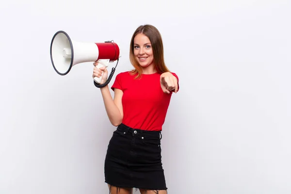 Red Head Pretty Woman Pointing Camera Satisfied Confident Friendly Smile — Stock Photo, Image