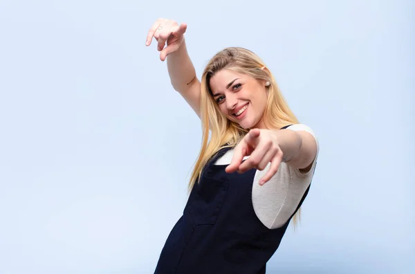 Young Pretty Blonde Woman Feeling Happy Confident Pointing Camera Both — Stock Photo, Image