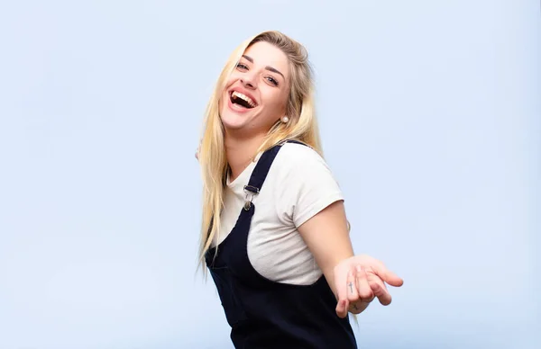 Young Pretty Blonde Woman Smiling Feeling Carefree Relaxed Happy Dancing — Stock Photo, Image