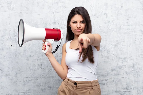 Young Pretty Woman Holding Megaphone Cement Wall — Stock Photo, Image