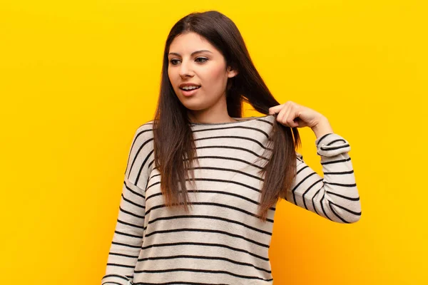 Young Pretty Woman Feeling Stressed Anxious Tired Frustrated Pulling Shirt — Stock Photo, Image