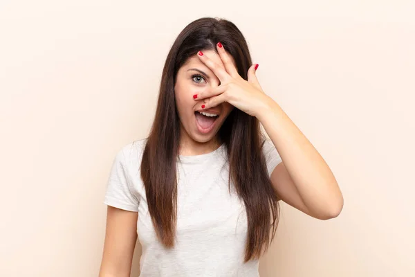 Young Pretty Woman Looking Shocked Scared Terrified Covering Face Hand — Stock Photo, Image